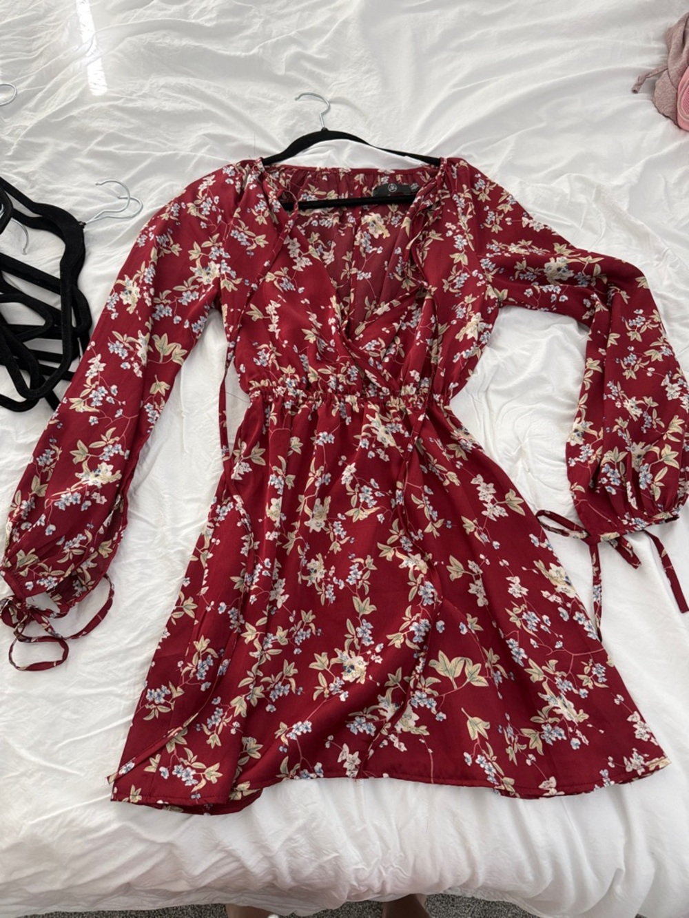 Mango Burgundy Floral Long-Sleeve Wrap Dress